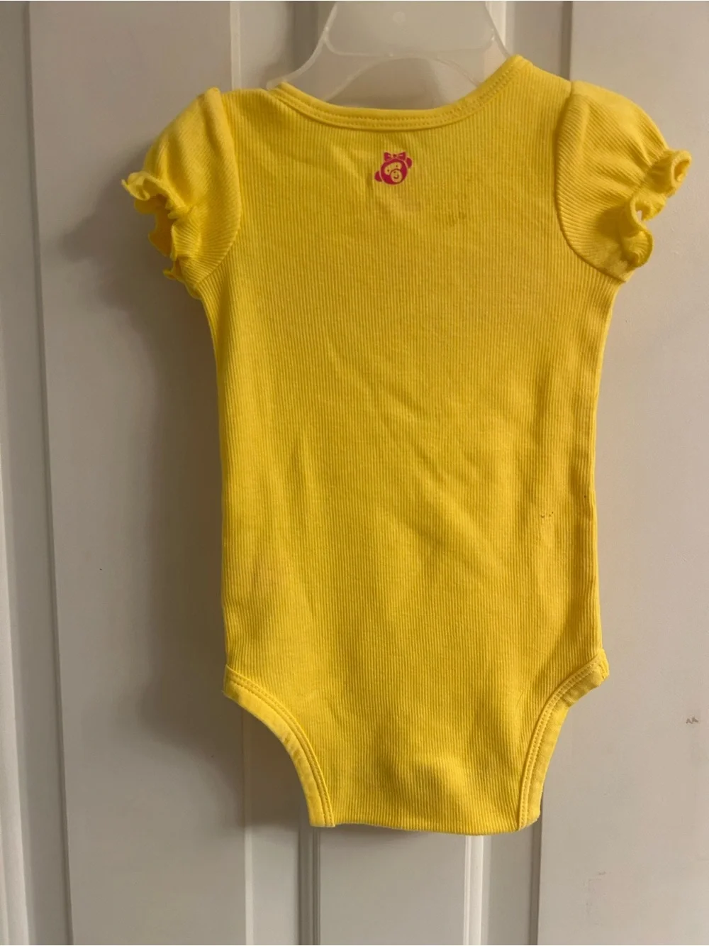 NWT-okie dokie Yellow Bodysuit with Pink 'cute' Appliqué